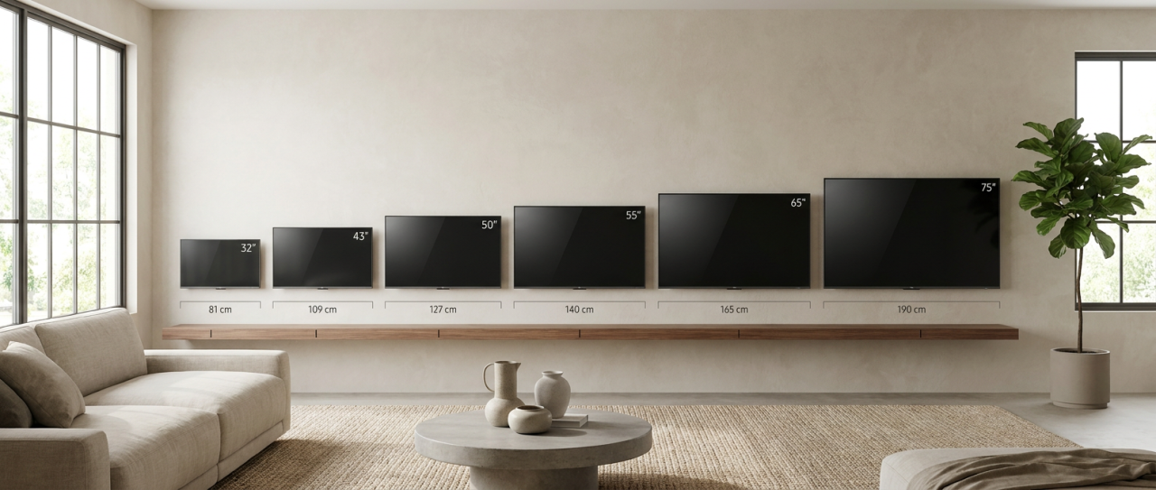 Uebersicht der TV Groessen in Zentimetern nach Zoll in einem Wohnzimmer