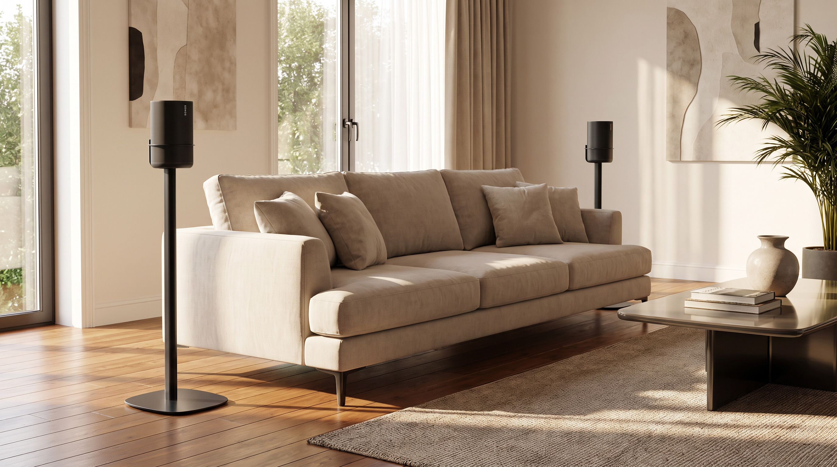 Zwei Sonos Play-Lautsprecher auf Bodenständern hinter einem Sofa mit freier Sichtverbindung zur Soundbar