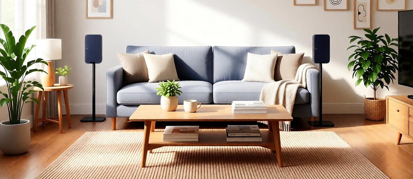 Zwei schwarze Lautsprecher auf Ständern hinter einem hellen Sofa im Wohnzimmer.