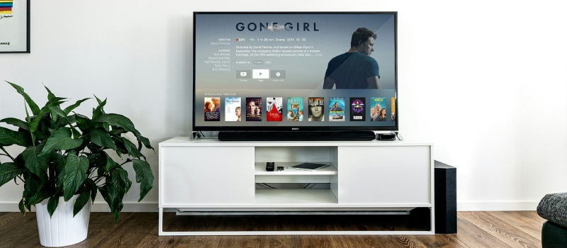 Holen Sie mit den Standards von Vebos das Beste aus Ihrer Soundbar heraus. Ein schwarzer Fernseher mit Soundbar auf einem weißen TV-Möbel, links davon eine grüne Pflanze.