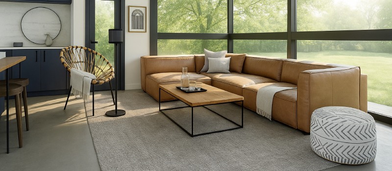 Schwarzer Boxenständer mit Lautsprecher neben einem modernen Sofa in einem sonnigen Wohnzimmer.
