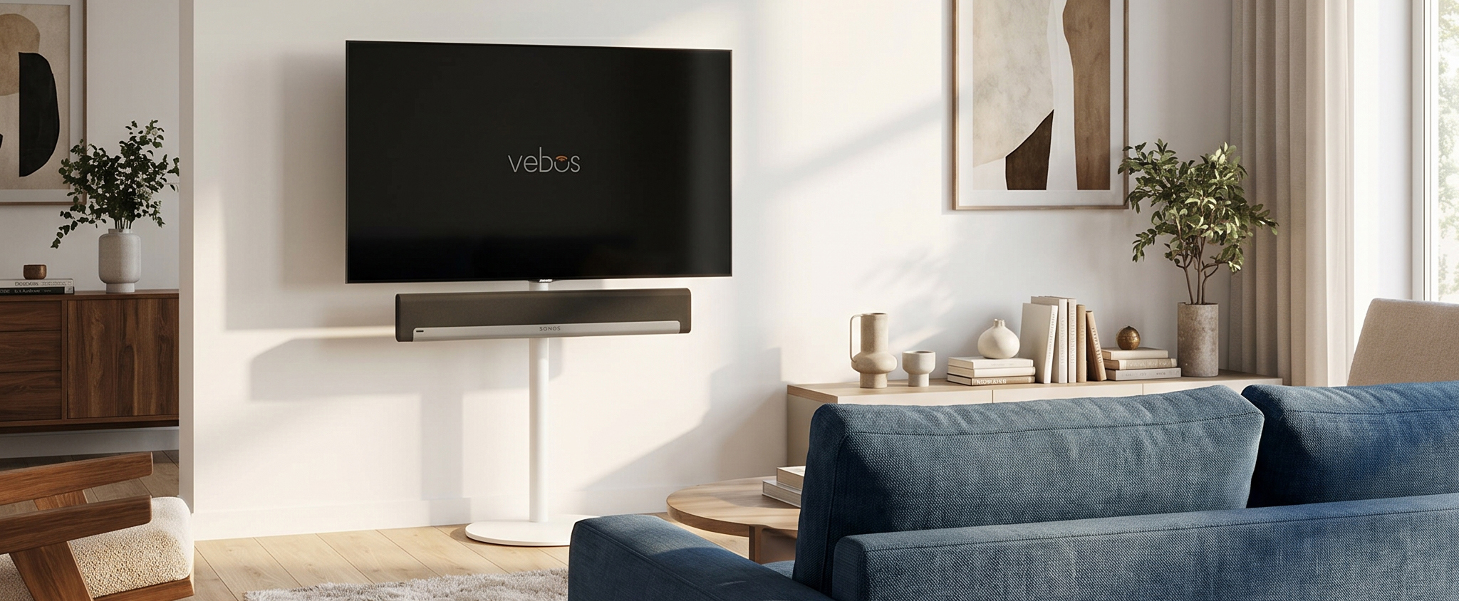 Ein Fernseher auf einem TV-Standfuß vor einer neutralen Wand.